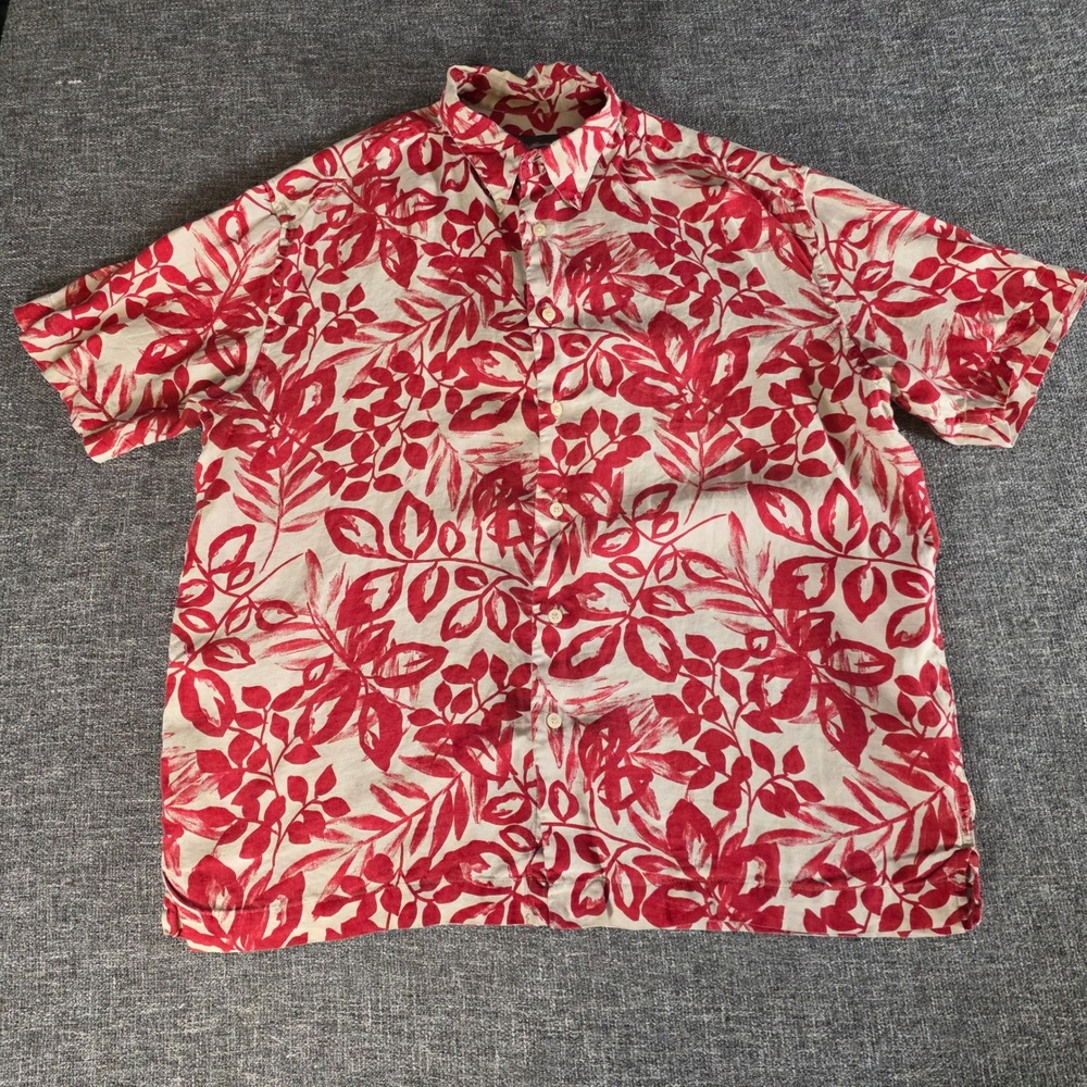 Eddie Bauer Mens L 100% Linen Shirt Red Cream Floral Hawaiian Aloha Button Up